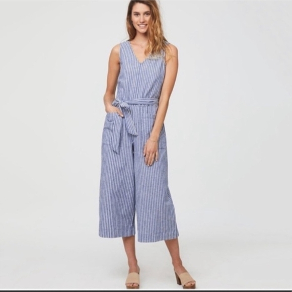 beachlunchlounge Pants - Beachlunchlounge Linen Blend Striped Jumpsuit Womens Small Wide Leg Cropped